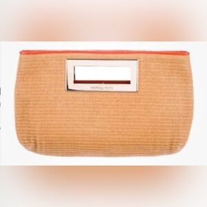 Michael Kors Berkley Soft Straw Clutch Purse with Orange Trim